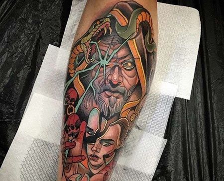 New School小臂人像蛇纹身图案