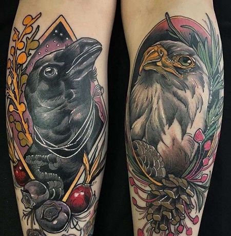 New School小臂乌鸦老鹰纹身图案