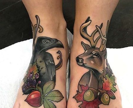 New School脚背乌鸦鹿纹身图案