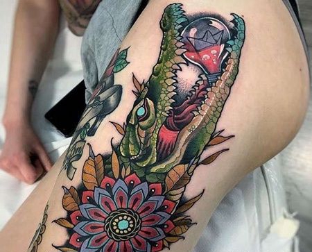 New School大腿鳄鱼纹身图案