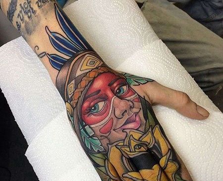 New School手背印第安女人纹身图案