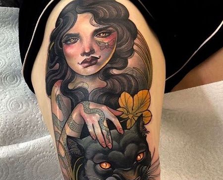 New School胳膊黑豹女人纹身图案