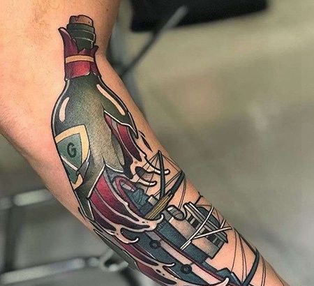 New School小臂瓶子轮船纹身图案