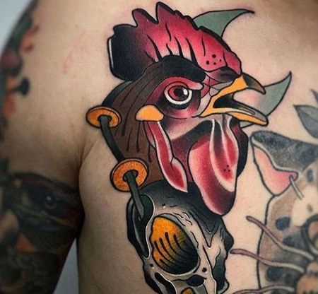 New School前胸公鸡纹身图案