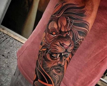 New School小臂人像狮子纹身图案