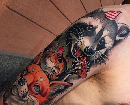 New School小臂狐狸浣熊纹身图案