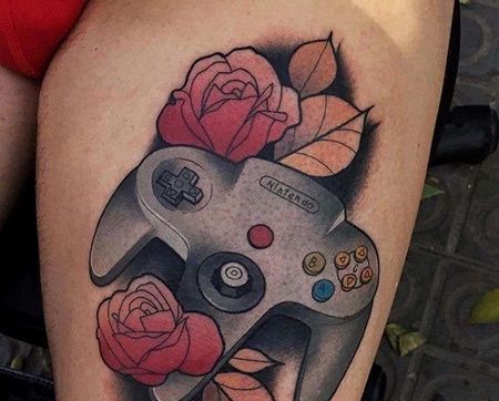 New School大腿游戏机手柄纹身图案