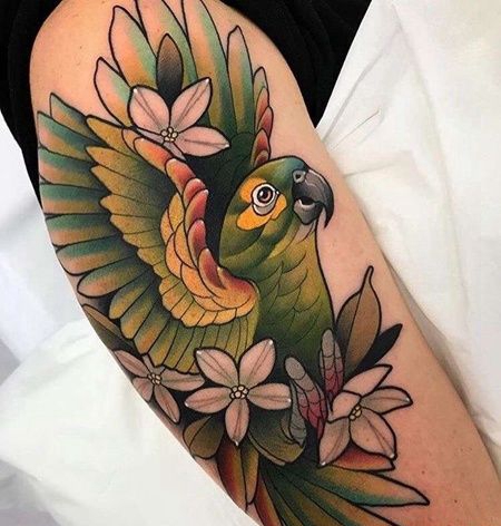 New School大臂鹦鹉纹身图案