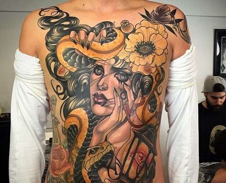 New School前胸腹部女人蛇纹身图案