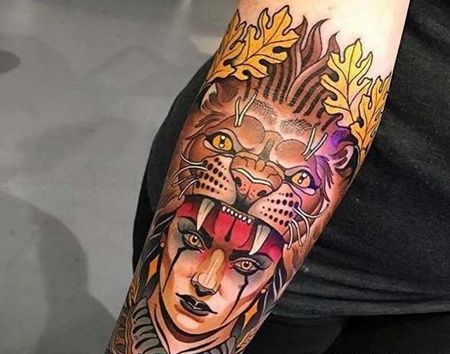 New School小臂女人狮子纹身图案