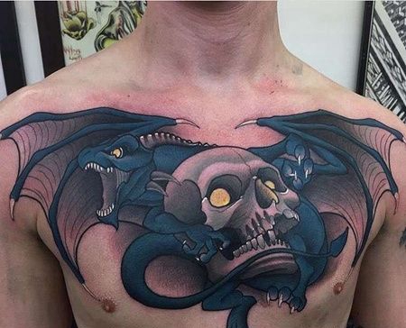 New School前胸龙骷髅纹身图案