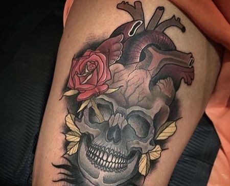 New School大腿骷髅心脏纹身图案