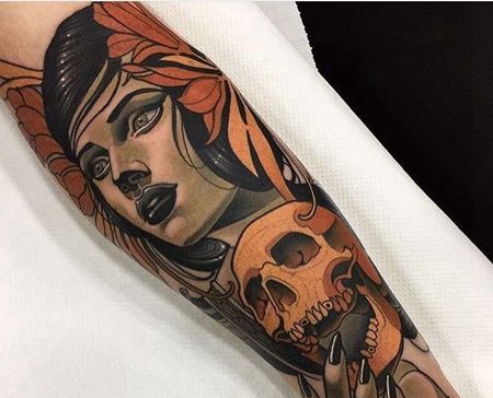 New School小臂女人骷髅纹身图案