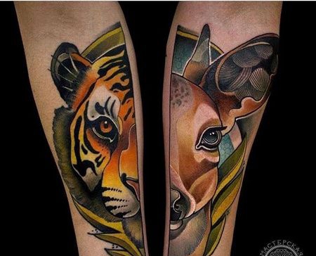 New School小臂老虎鹿纹身图案