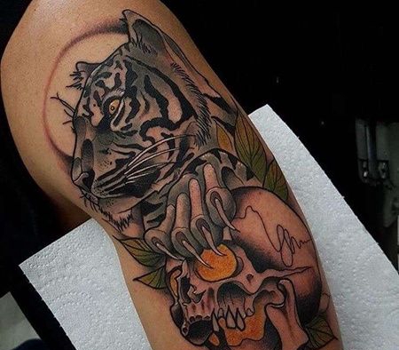 New School大臂老虎骷髅纹身图案
