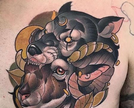 New School前胸羊狼纹身图案