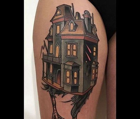 New School大腿房子纹身图案