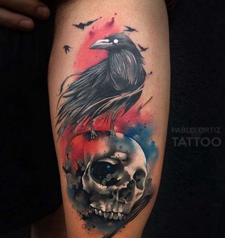 水彩大腿乌鸦骷髅纹身图案