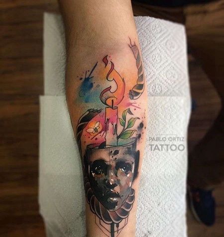 水彩小臂蜡烛纹身图案