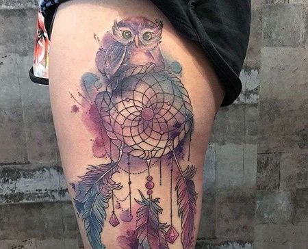 水彩大腿猫头鹰捕梦网纹身图案