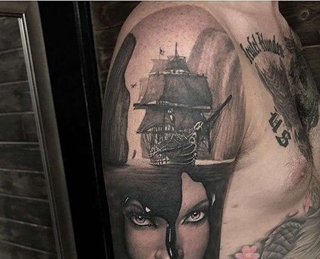 写实小臂女人帆船纹身图案