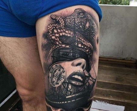 写实大臂女人帆船章鱼纹身图案