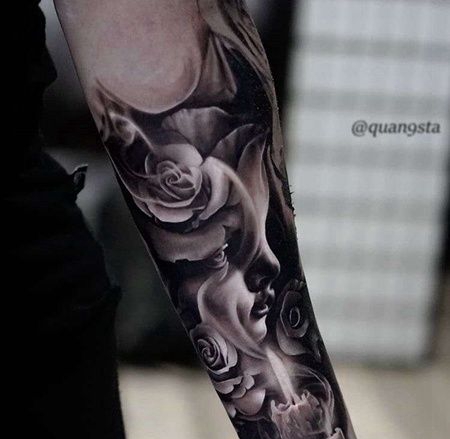 写实大臂女人玫瑰蜡烛纹身图案