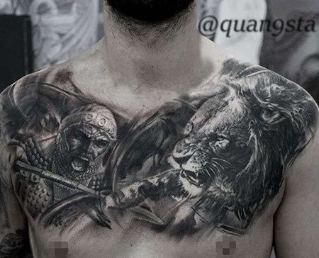 新传统前胸战士狮子纹身图案