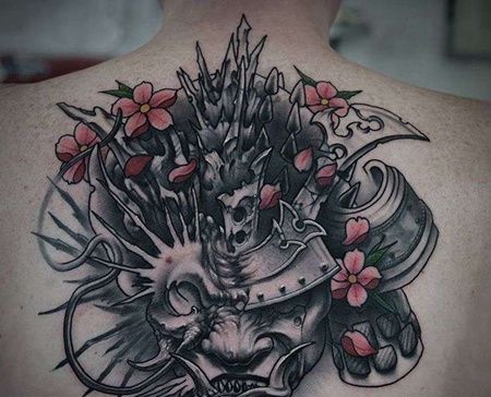 新传统后背鬼武士龙纹身图案