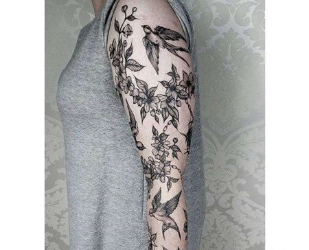 点线胳膊花卉叶子纹身图案