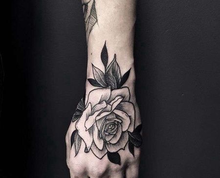 线条手背玫瑰纹身图案