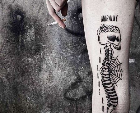线条腿部骷髅纹身图案