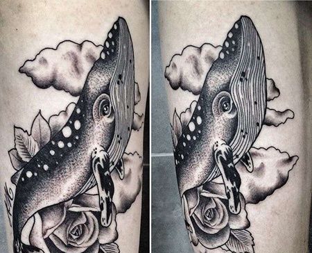 New School大臂鲸鱼玫瑰纹身图案