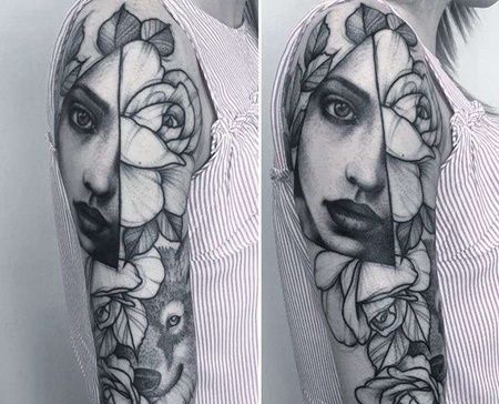 点线大臂女人花卉纹身图案