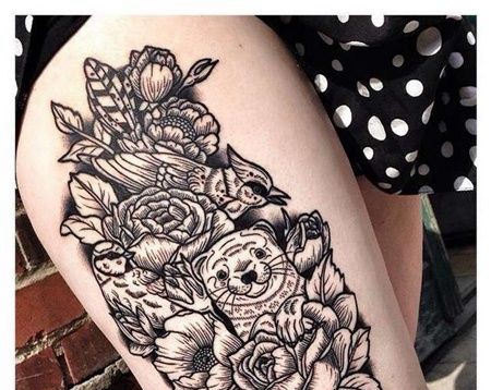 线条大腿花卉水獭纹身图案