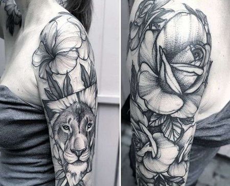 点线大臂花卉狮子纹身图案