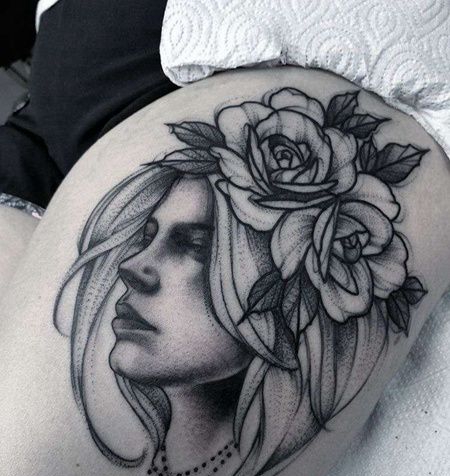 点线大腿女人花卉纹身图案