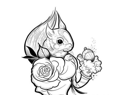 线条松鼠玫瑰纹身图案