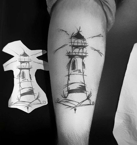 线条小腿灯塔纹身图案
