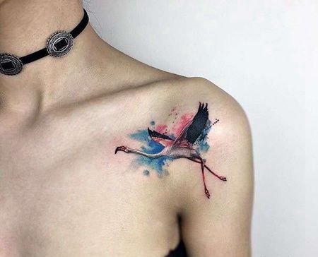 水彩锁骨火烈鸟纹身图案