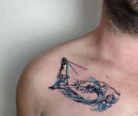 水彩锁骨灯塔海浪纹身图案