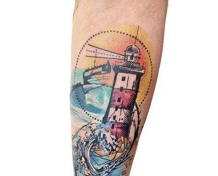 水彩小臂灯塔海浪纹身图案