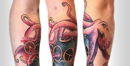 水彩小臂章鱼纹身图案