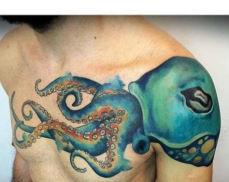 水彩锁骨章鱼纹身图案