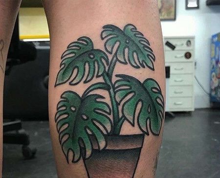 Old School小腿花盆叶子纹身图案