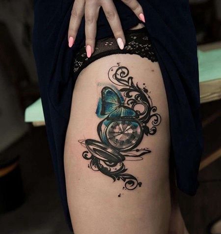 水彩大腿蝴蝶纹身图案