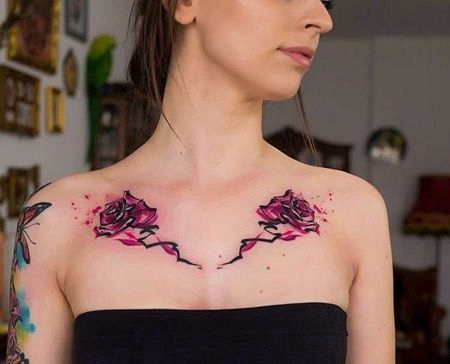 水彩锁骨玫瑰纹身图案