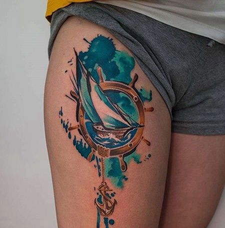 水彩大腿帆船纹身图案