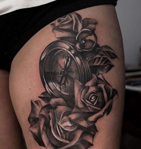 写实大腿玫瑰指南针纹身图案