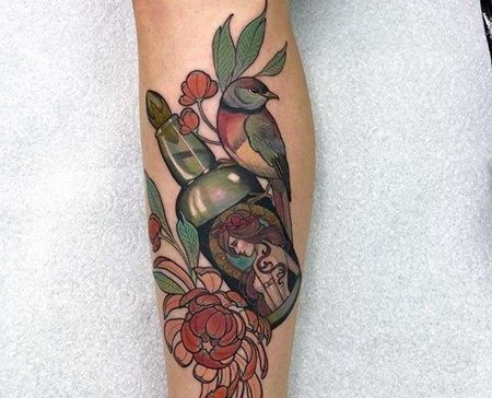 New School小腿鸟瓶子纹身图案